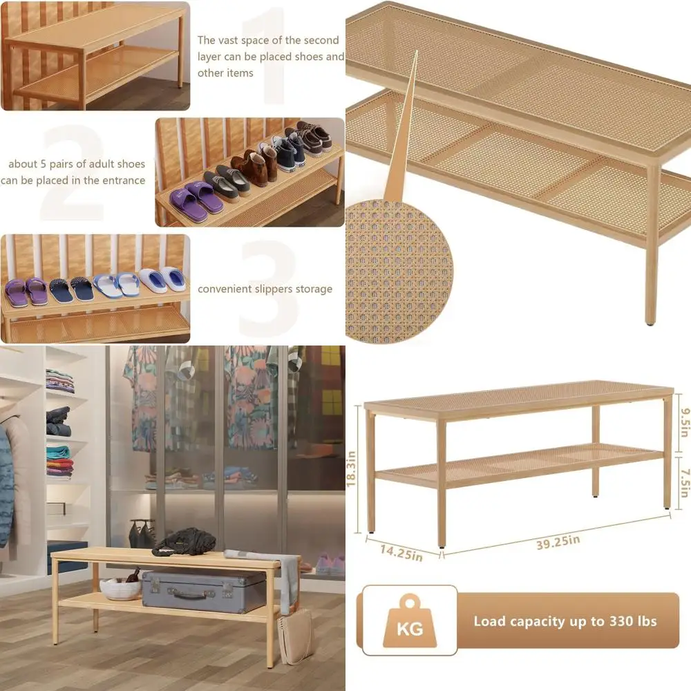 Banco de zapatero de ratán de 2 niveles con almacenamiento, organizador de mimbre amarillo para el hogar, adecuado para cocina, sala de estar, dormitorio y En