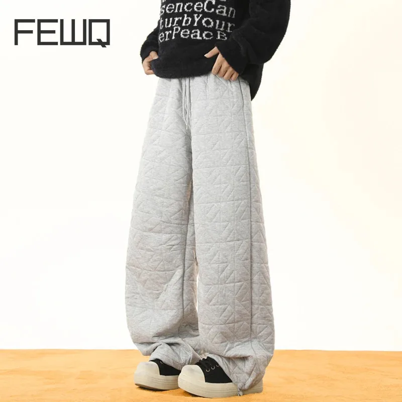 FEWQ Cotton Thickened Warm Casual Pants Diamond 2024 Solid Color Elastic Waist Korea Fashion Male Trousers 24E5583