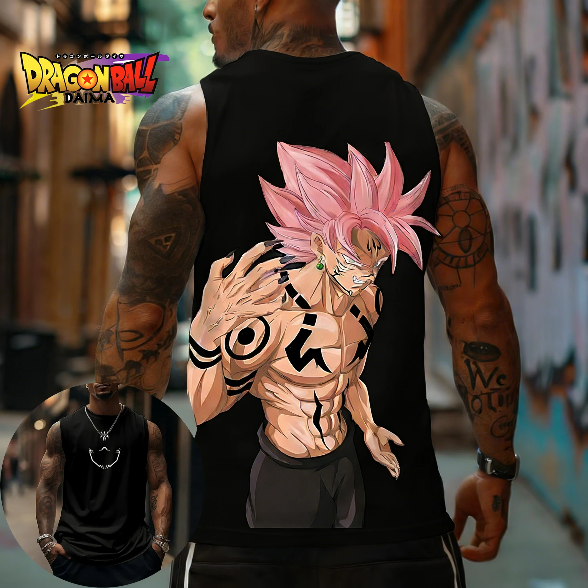 Dragon Ball Peach Evil Charm Black Wukong New Edition Bedruckte Weste Frühling und Sommer Herren T-Shirt Weste Street Premium Wear Top