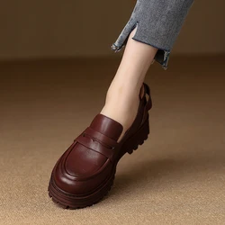 2022 Fall Women Shoes Round Toe Med Heel Loafers Genuine Leather Shoes Women Slip-on Pumps Female Shoes Womens Platform Heels