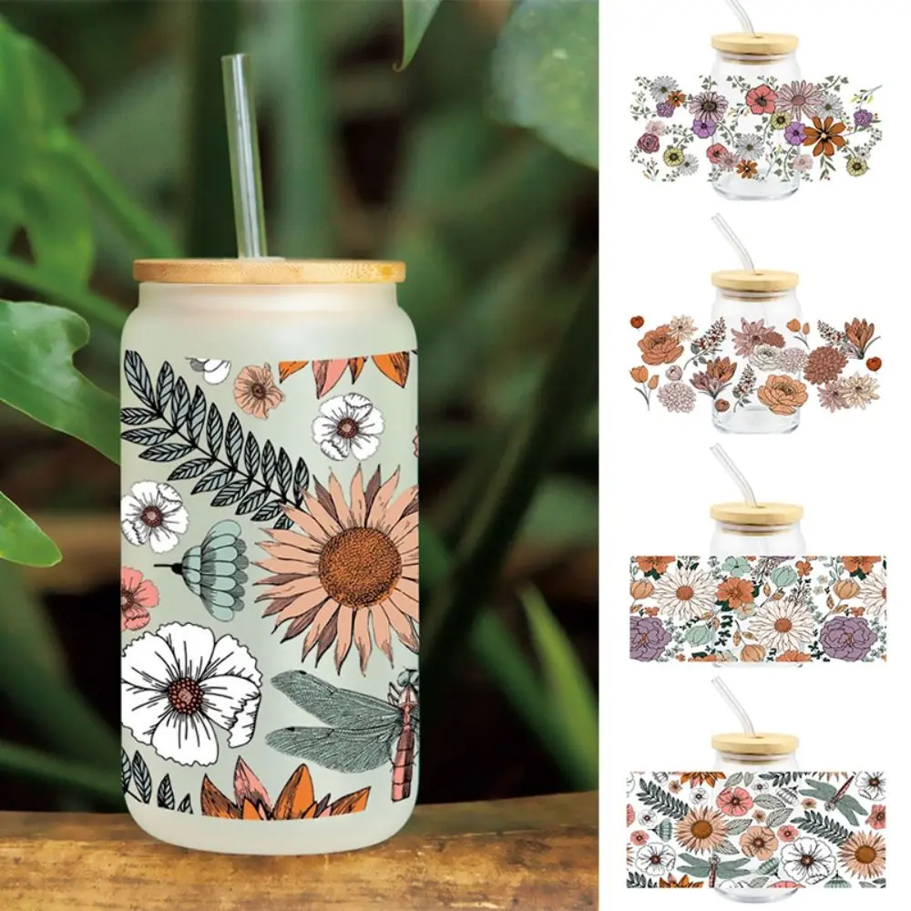 Floral Print UV DTF Transfer Sticker Waterproof High-temperature Resistant Cup Wraps DIY Decals Rub on Transfer Cup Stickers