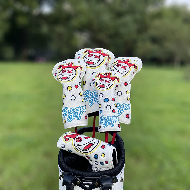 Cartoon Clowns Golf Club #1 #3 #5 Wood Head covers Driver Fairway Woods hybird putter Cover Pu leather embroidery