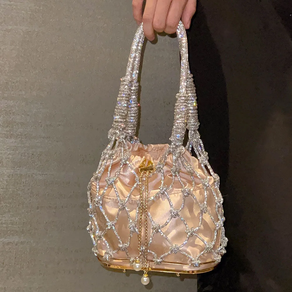 

New Spring Summer Hollow Out Women Handbag Shiny Rhinestone Mesh Bag Bucket Shape Underarm Bag Trendy Shoulder Bags For Ladies