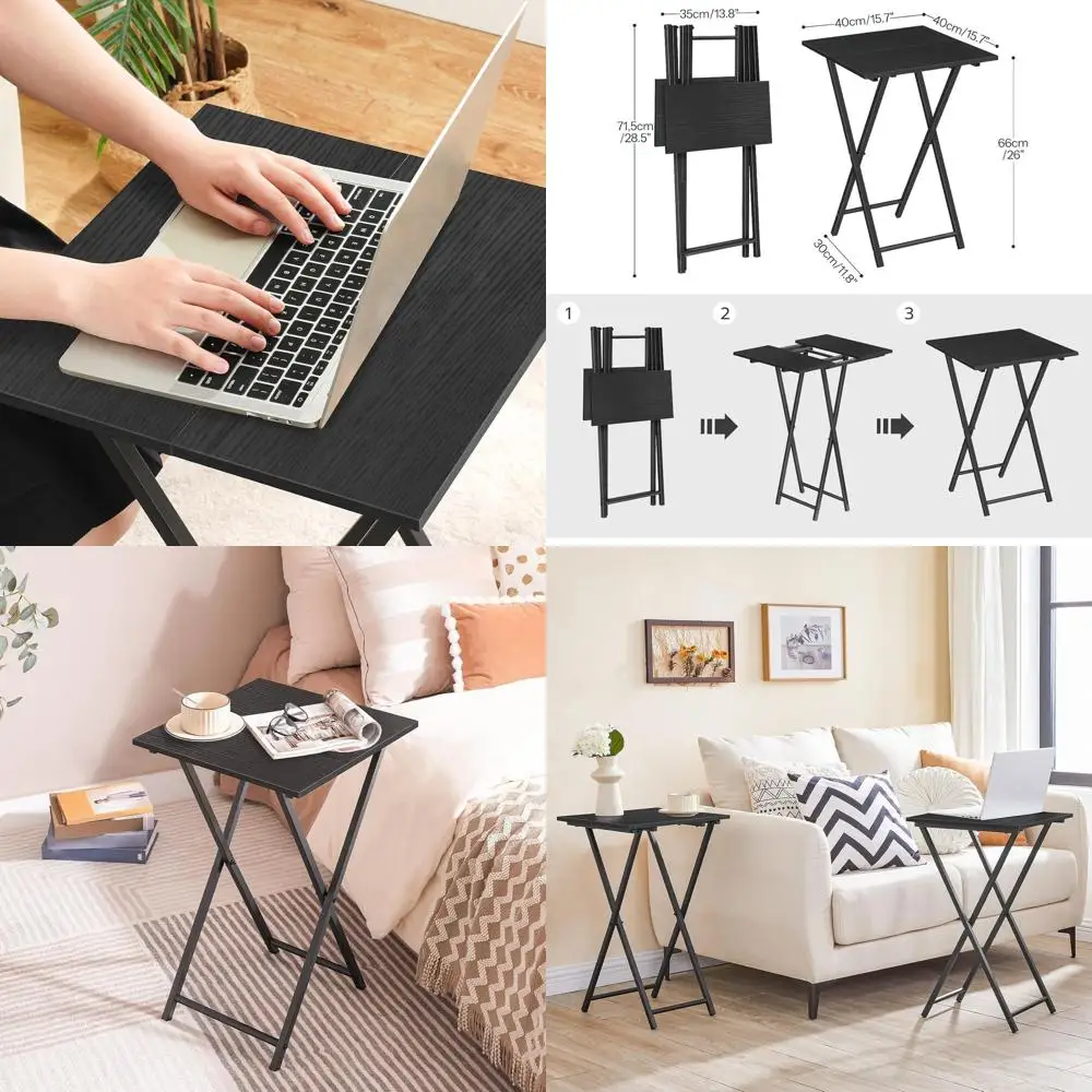 Set 2 Meja TV Lipat Kayu, Meja Camilan Portabel untuk Sofa, Meja Industri Ringkas, Perakitan Mudah, Hemat Ruang, Hitam