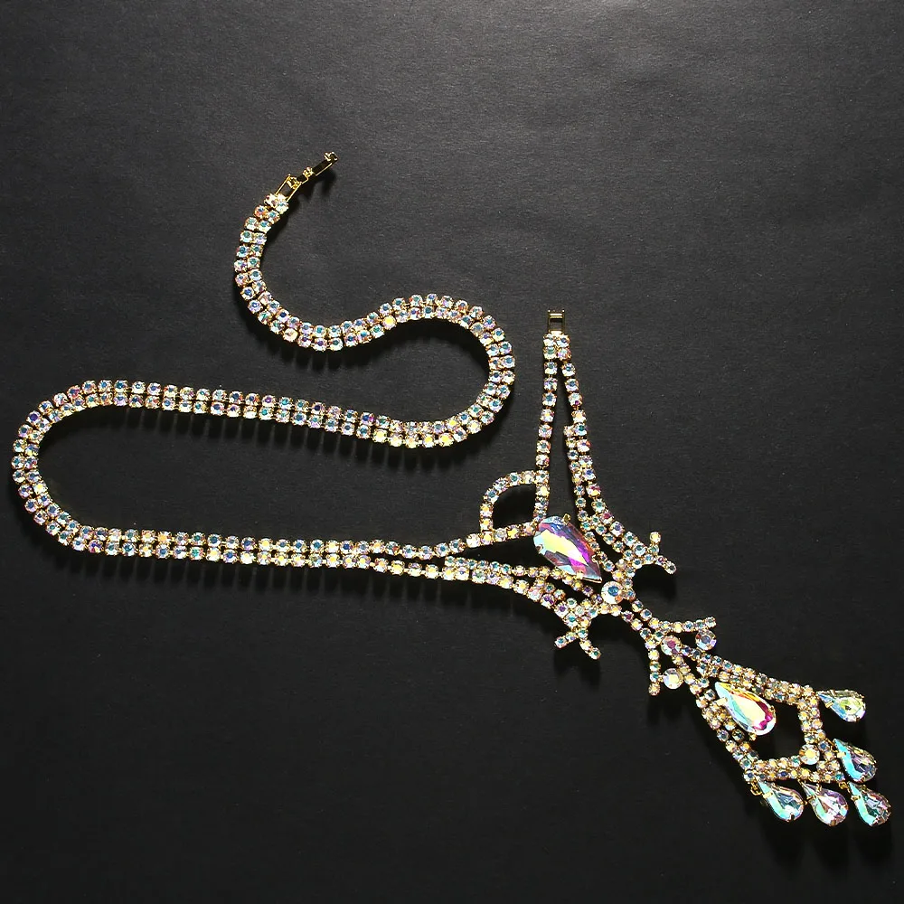 Stonefans Colorful Geometric Back Chain Necklace Belly Dance Jewelry Fashion Water Drop Rhinestone Back Chain Dress for Women