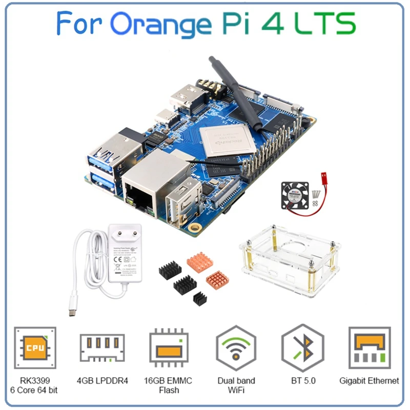 

For Orange Pi 4 4GB LPDDR4 16GB EMMC Rockchip RK3399 Wifi+BT5.0 Gigabit Ethernet Development Board Heatsinks EU Plug