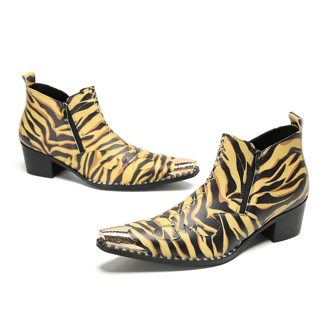 New Design Zebra Stripe Men's Boots Luxury Design Rivets Side Zipper High Heel Ankle Boots Handmade Genuine Leather Shoes