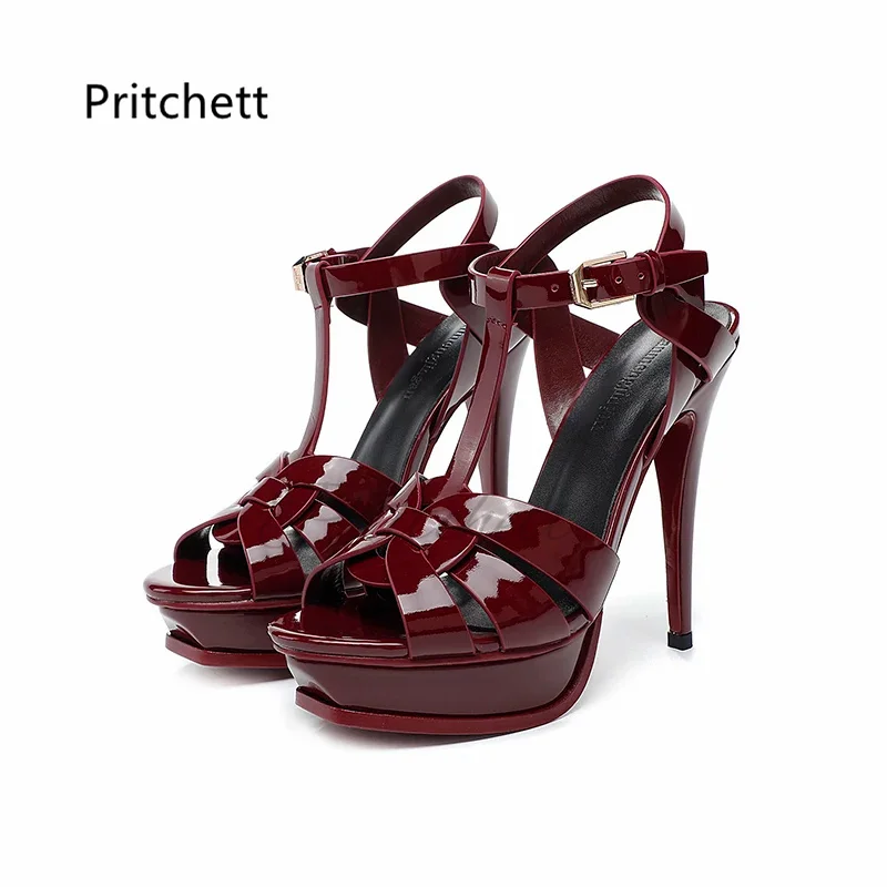 

Patent Leather Super High Heels Women's Sandals T-Strap Leather Weave Platform Wedding Party Summer Women Stiletto Shoes