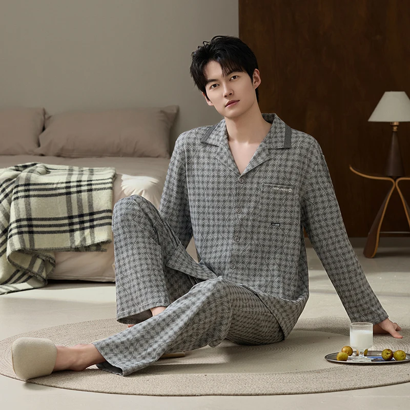 Big Size L-5XL Spring and Autumn Men Pajamas Set Knited Cotton Sleepwear Male Long Sleeve Plaid Pyjamas