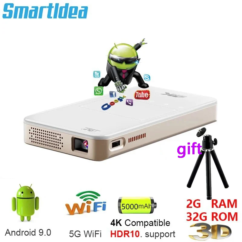 Smartldea HD Mini Portable DLP Android 9.0 Projector 4K 3D Decode 5G WiFi Bluetooth Miracast Airplay Mobile Phone Outdoor movie