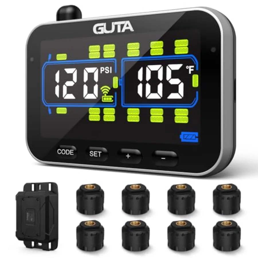 

Trailer Tire Prure Monitoring System, RV Tire Prure Monitor with 8 Sensors, 6 Alert Modes, Signal Booster, Large Color Display,