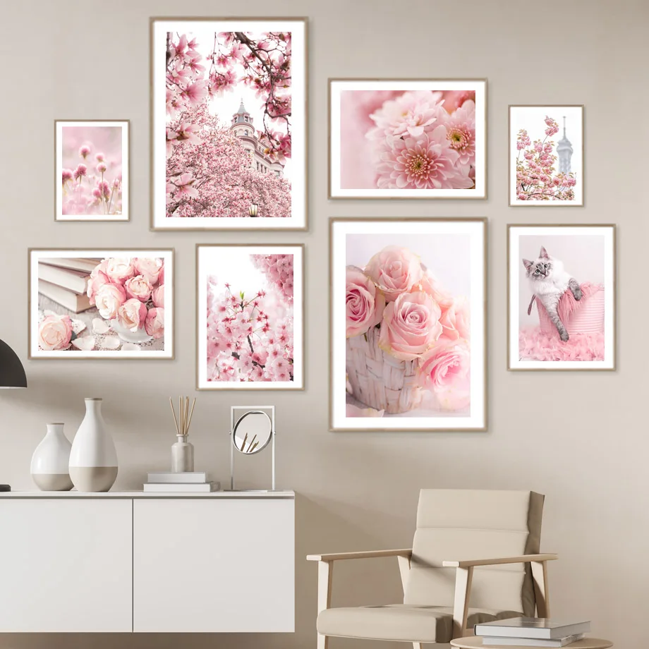 Pink Paris Spring Sakura Peony Rose Scape Wall Art Pictures Canvas Painting Flower Posters And Prints For Living Room Decor