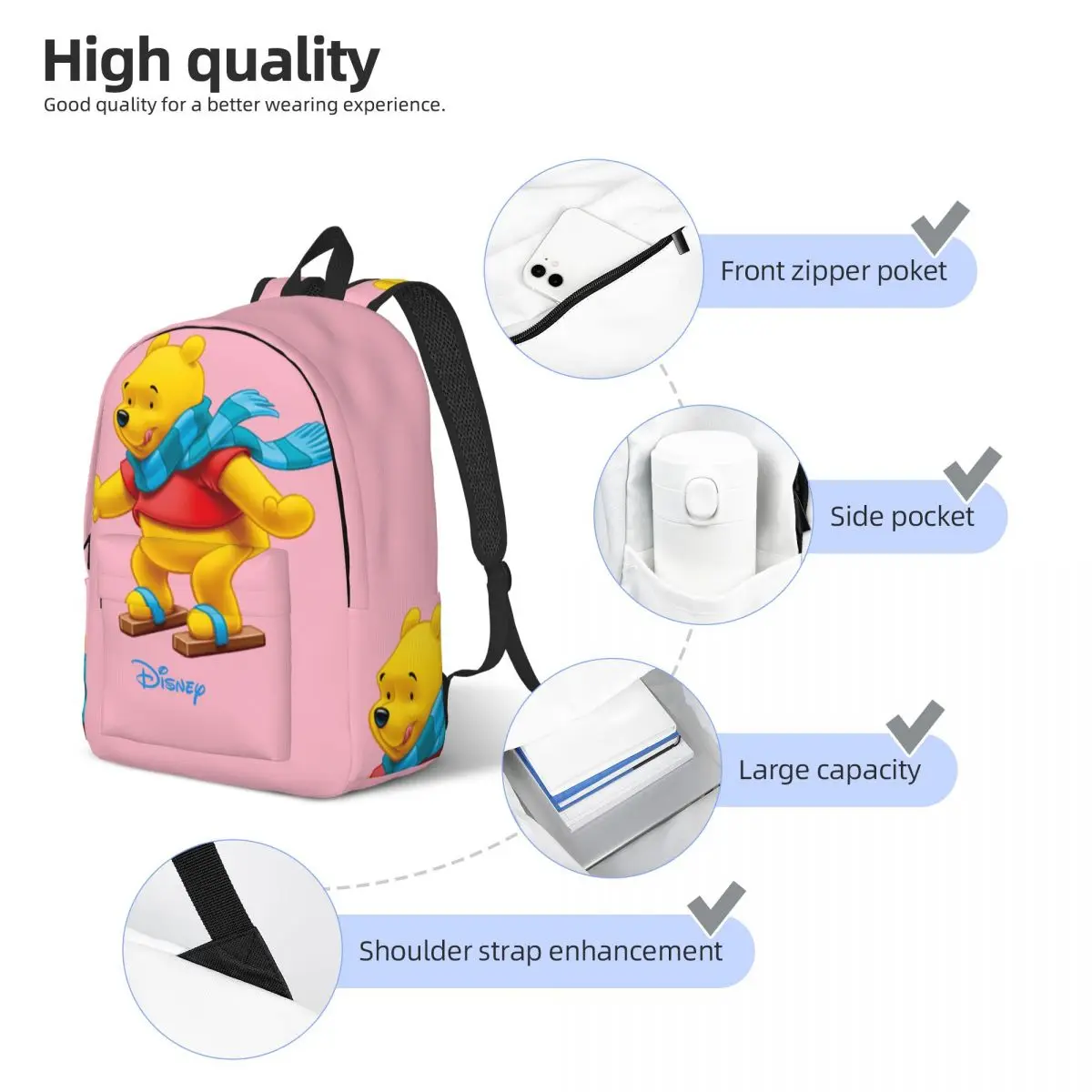 Cute Face Daypack Disney Winnie The Pooh Ladies Good Quality Campus Birthday Gift Retro Washable Rucksack