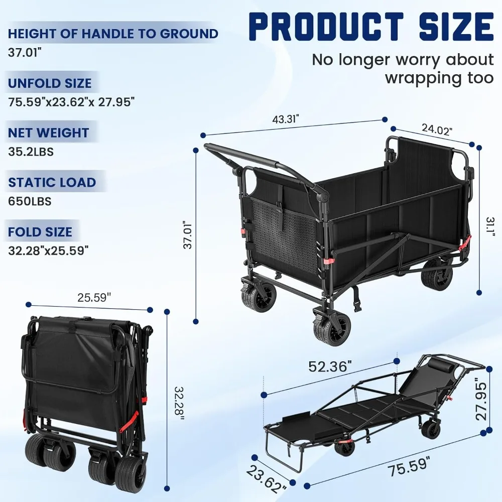 650lb Capacity Folding Wagon 2-in-1 Collapsible, All-Terrain Wheels with Brakes, Side Pockets