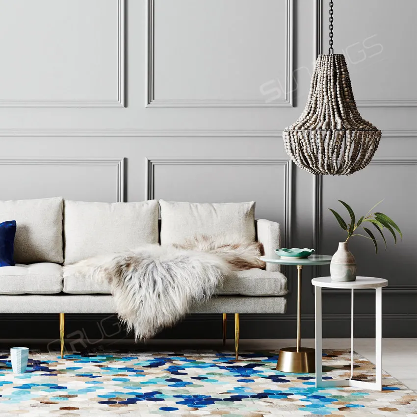 Green Geometric Real Cowhide Carpet Bedroom Colorful Child Room Decor Rug Customize Simple Home Large Rug Carpet Living Room