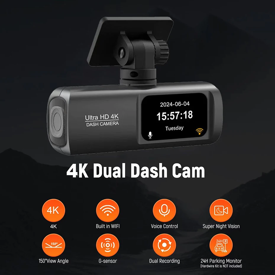 미니 WIFI GPS 차량용 DVR 카메라, 듀얼 렌즈 비디오 드라이브, 녹음기 블랙박스, 24 시간 모니터링, 4K 3840x2160P