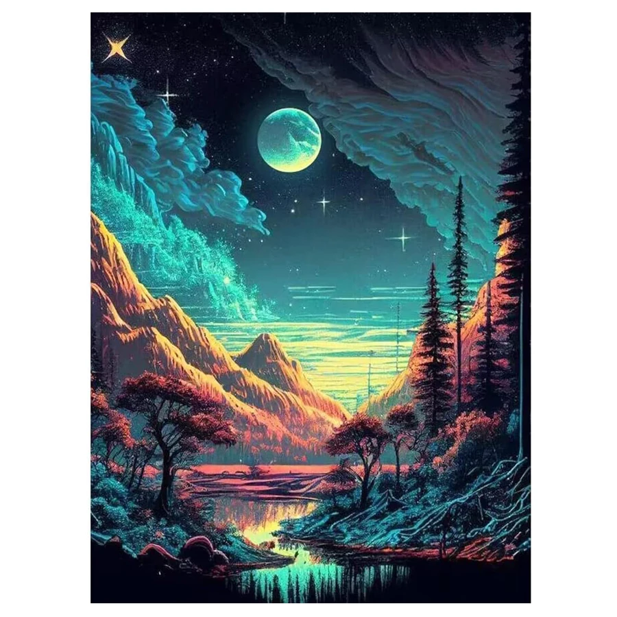 5D Diamond Painting Embroidery Fantasy moonlit nights Forest Full Diamond Mosaic clouds, trees, mountains, rivers Wall Decor art