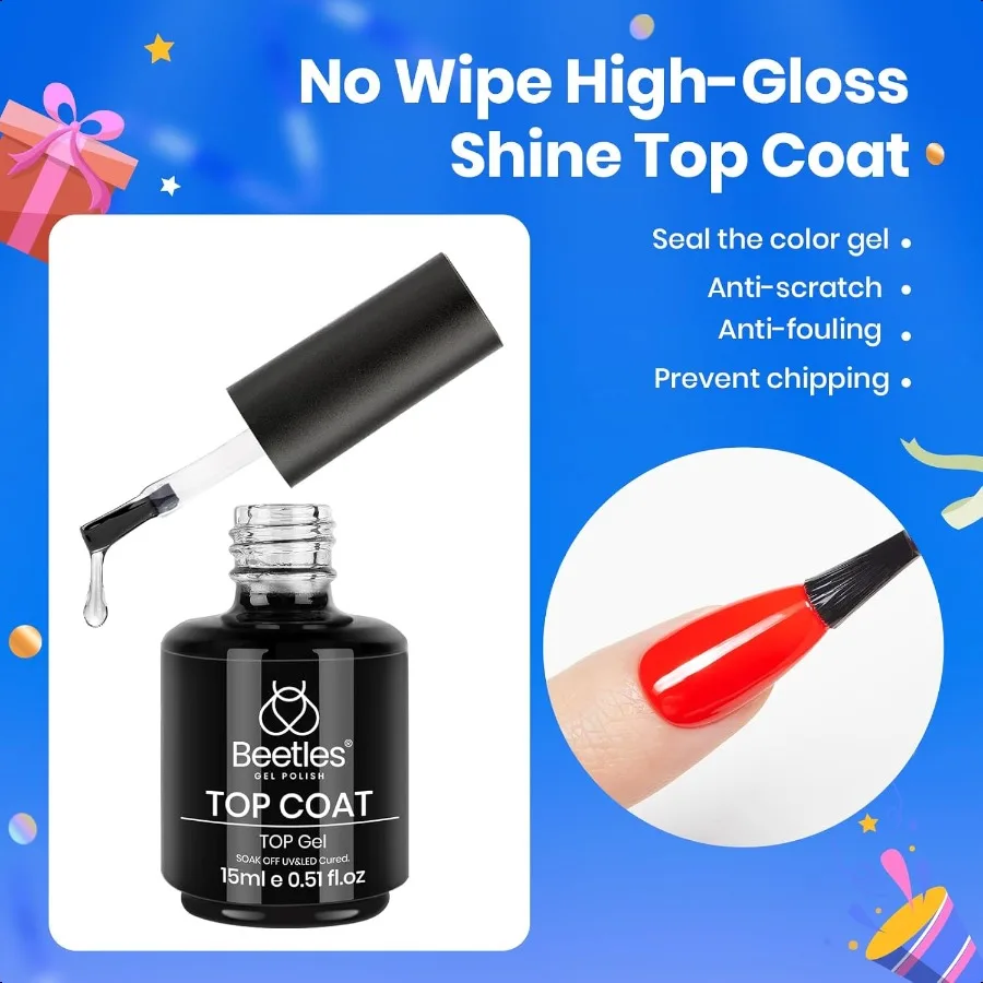 Beetles 3 pezzi di smalto gel bianco da 15 ml e set di top coat base in gel senza salviette Soak Off lampada UV e top lucido a lunga durata Coa