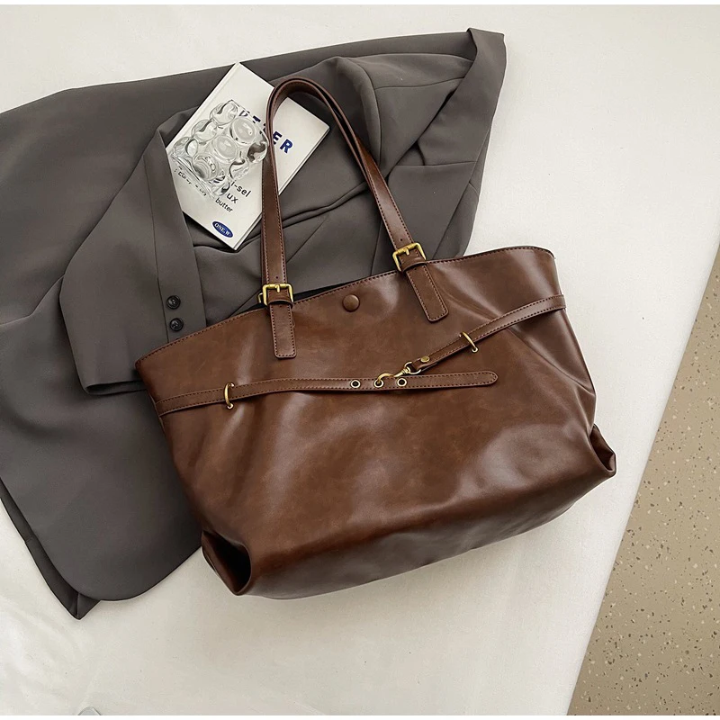 Europa Amerika Mode Einkaufstasche Retro Große Kapazität Umhängetaschen High-End Einfarbig Casual Bag Premium Leder Pendler Taschen – Detail 18