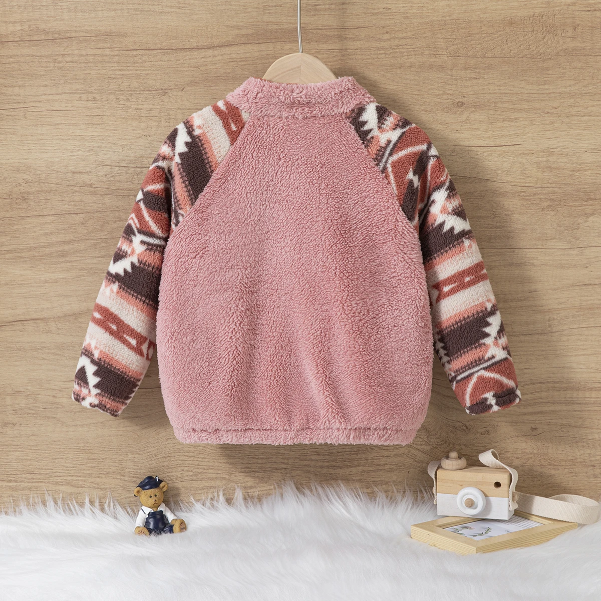 Girls Fleece Jacket Pink Aztec Print Spliced Sleeve Zip Up Coat Kids Winter Warm Sherpa Outerwear Toddler Girl Casual Wear