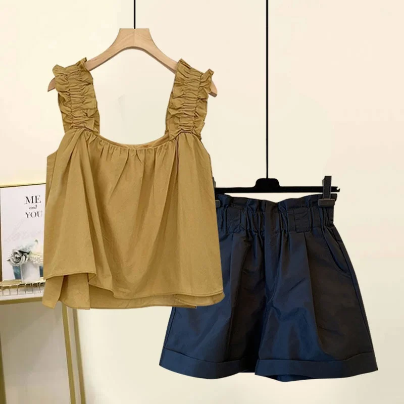 

Slimming Effect Fat Women Summer New Style Casual Short Pants Set with Top And Bottom Covering Belly High Waist Short Dress