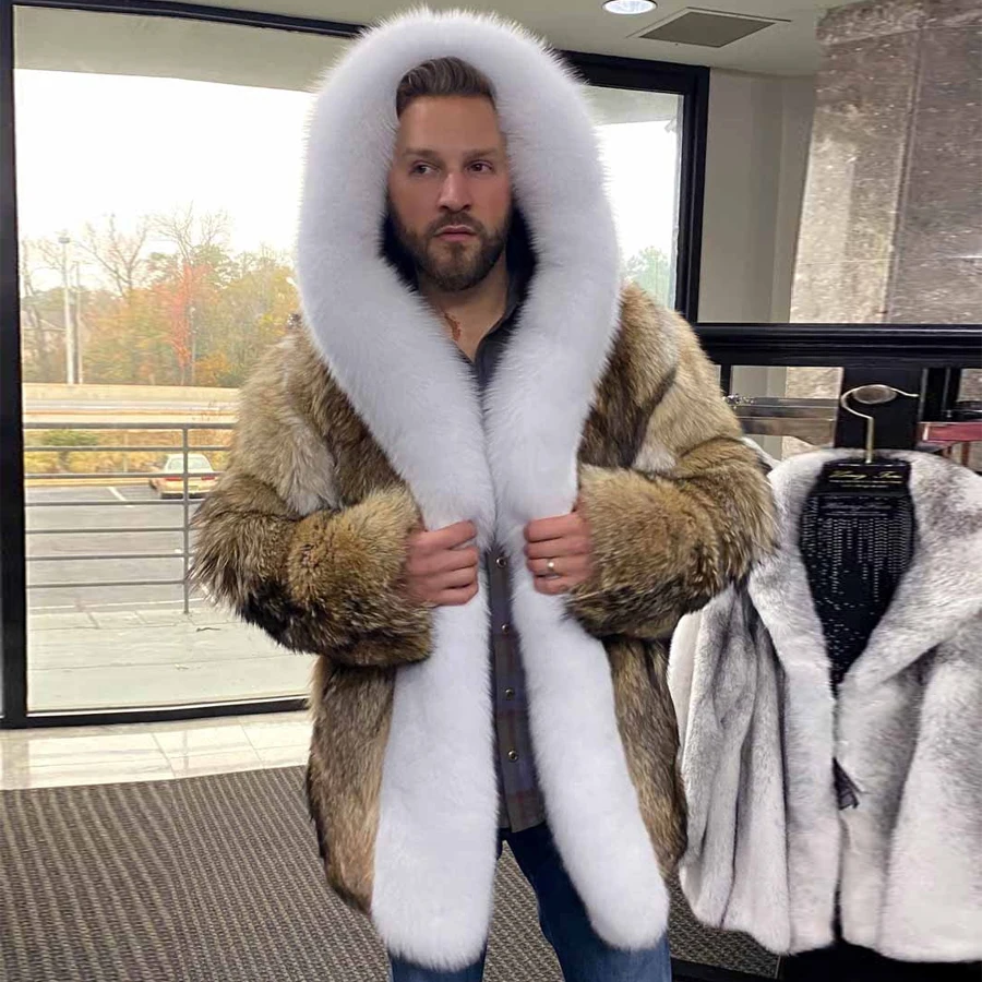 White Fur Trim Jacket Real Fox Fur Jackets Natural Wolf Fur Coats 2024 New Luxury Men's Fur Coats