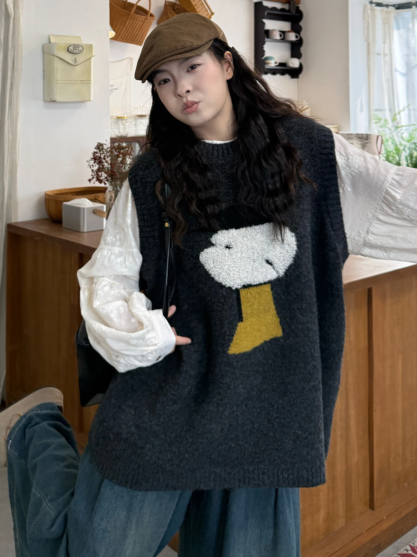 

Свободный вязаный жилет оверсайз с вышивкой для женщин, осенне-зимний, больших размеров, для полных женщин, многослойный свитер с подплечниками