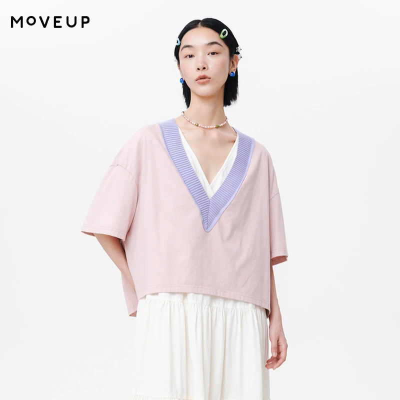 MOVEUP Short Sleeves V-Neck T-Shirt 2026 Summer New Contrast Collar Design Drop Sleeves Pure Cotton Top For Women 125210521