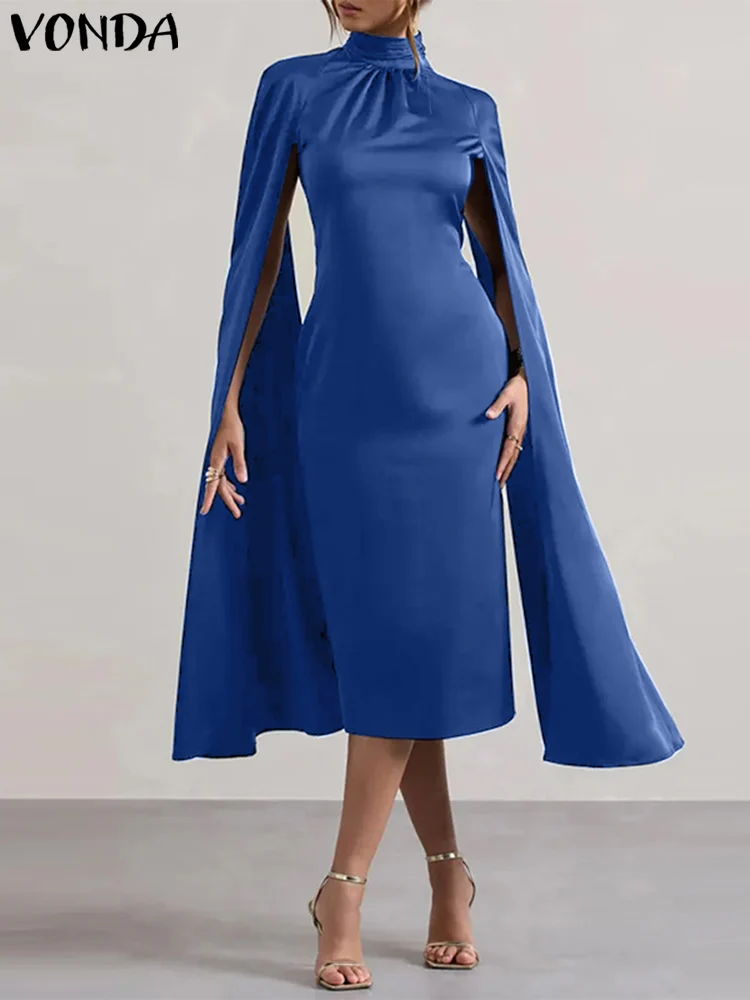 

Plus Size 5XL VONDA Women Elegant Office Lady Dress 2025 Sexy Tight Mid-Calf Party Sundress Satin Silk Vestidos Stand Neck Robe