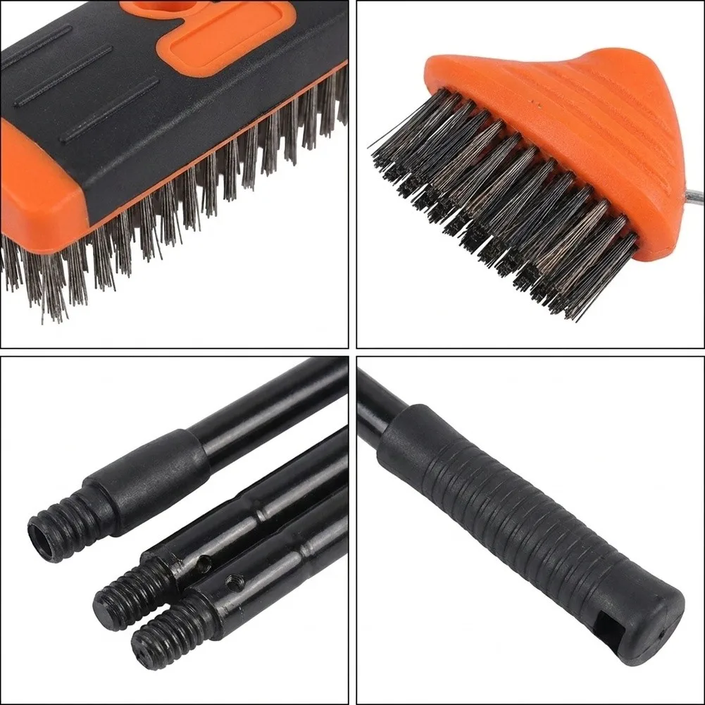 Steel Wire Brush Set with Heads and Adjustable Handle for Patio Driveway Garage and Deck Maintenance Without Bending