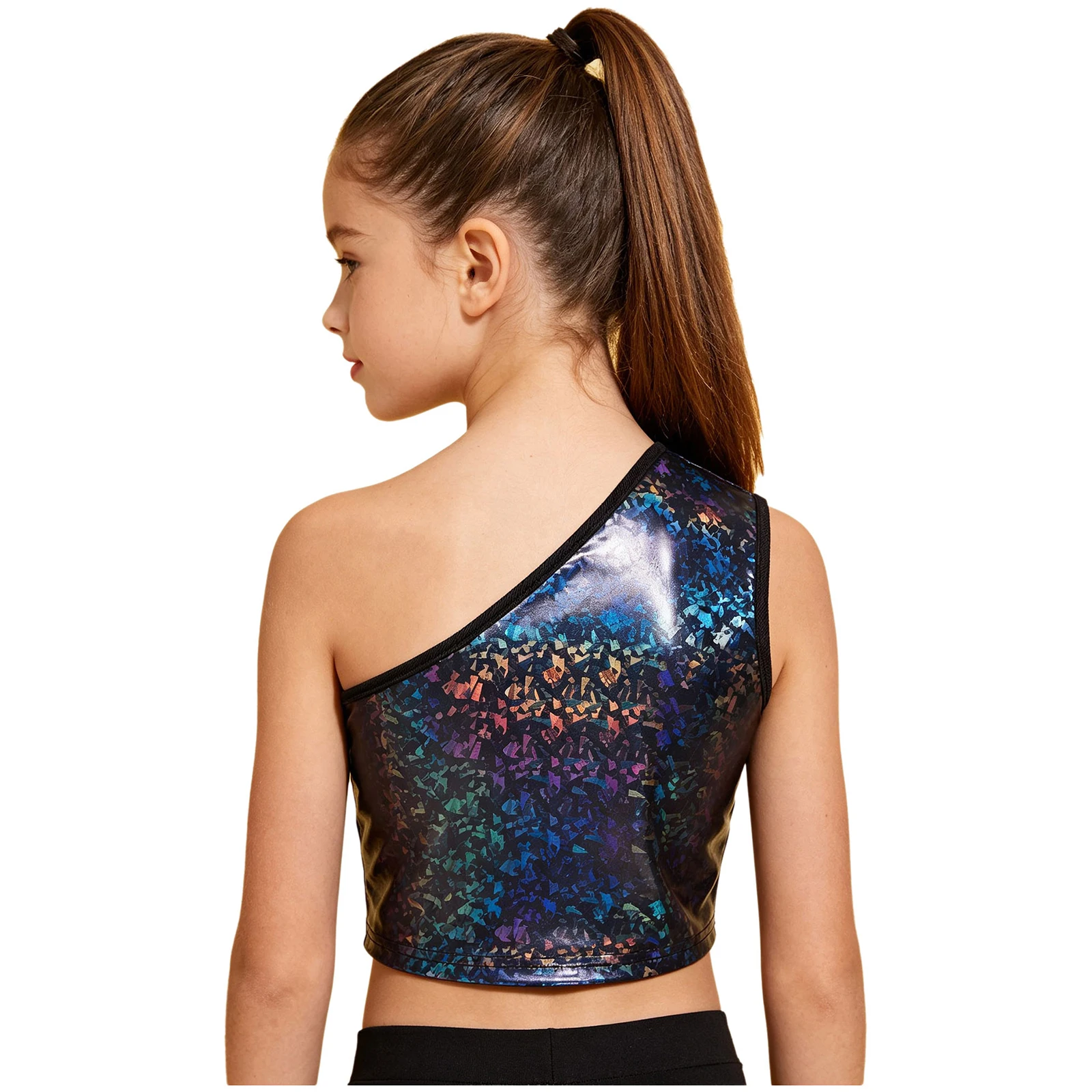Kinder Jungen Ärmelloses Glänzendes Crop-Top Mädchen Hip-Hop Jazz-Tanz-Oberteil Einschultriges Metallic-Crop-Top Jazz-Tanz-Auftrittskostüm – Detail 13