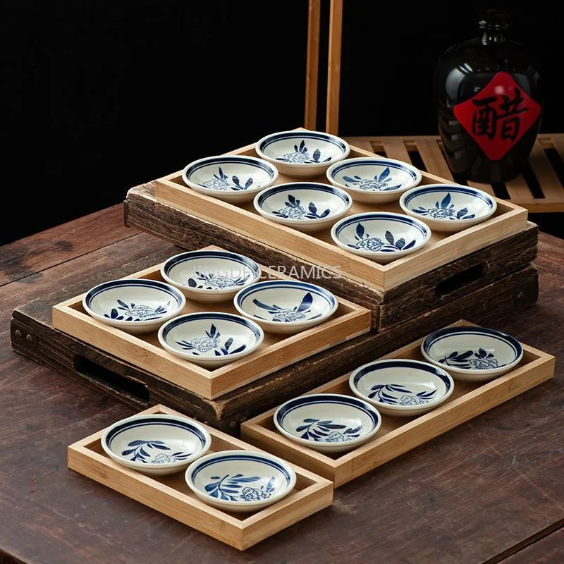Underglaze Colored Ceramic Seasoning Dish Circular Snack Plate Japanese Style Dishes Wooden Storage Tray Restaurant Tableware