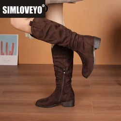 SIMLOVEYO Western Boots For Ladies Round Toe Chunky Heel Zipper Flock Pleated Large Size 46 47 48 Retro Women Knee High Booties