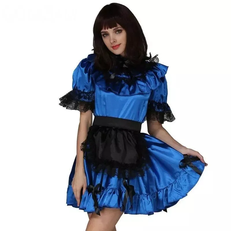 Sexy Sissy Französisches Dienstmädchen, blaue Satin-Spitzenmanschetten, abschließbares Kleid mit Rüschenrand, Dienstmädchen-Cosplay-Kostüm, anpassbar