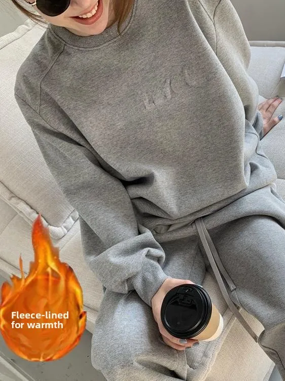 

Thiened Fce Casual Sportswear Set Women's Loose Slimming Autumn Winter Sweatirt Long Pants Two Piece Set Korean Sle