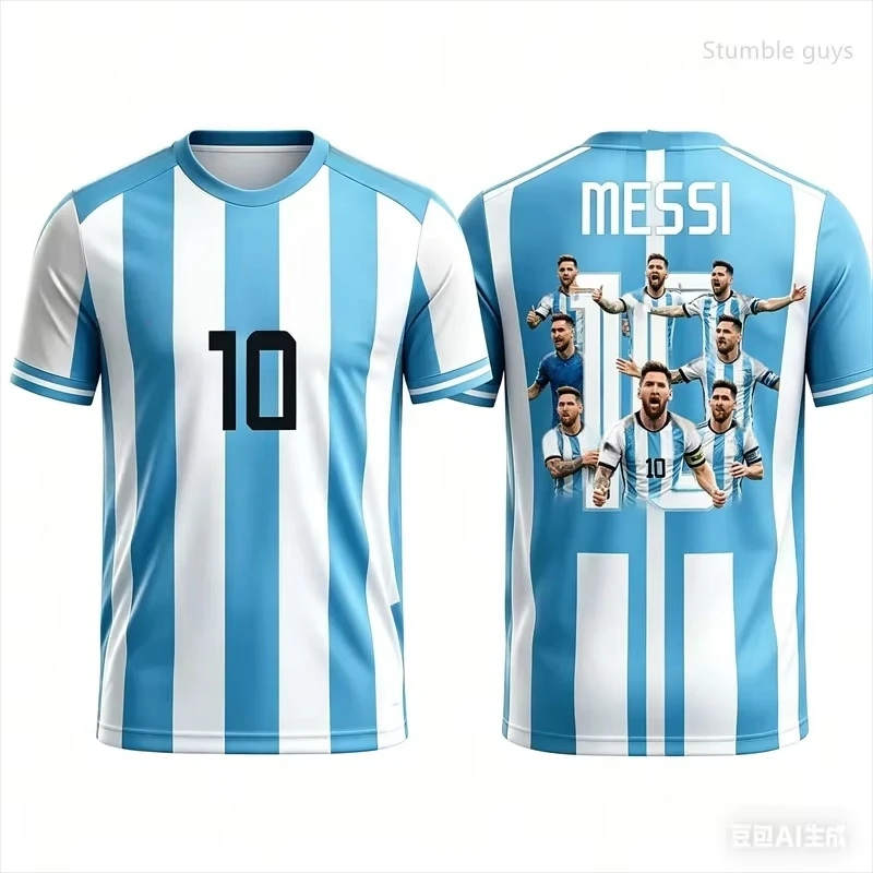 2026 Summer Argentina Football Fan Short Sleeve T-shirt, Blue White Stripe 3D Print Casual Tee for Men Women Kids