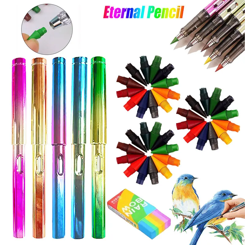 66pcs/set Creative Gradient Mixed Color Eternal Pencil Set No Ink Pen 60 Colors Replaceable Nibs Office Art Sketch Stationery