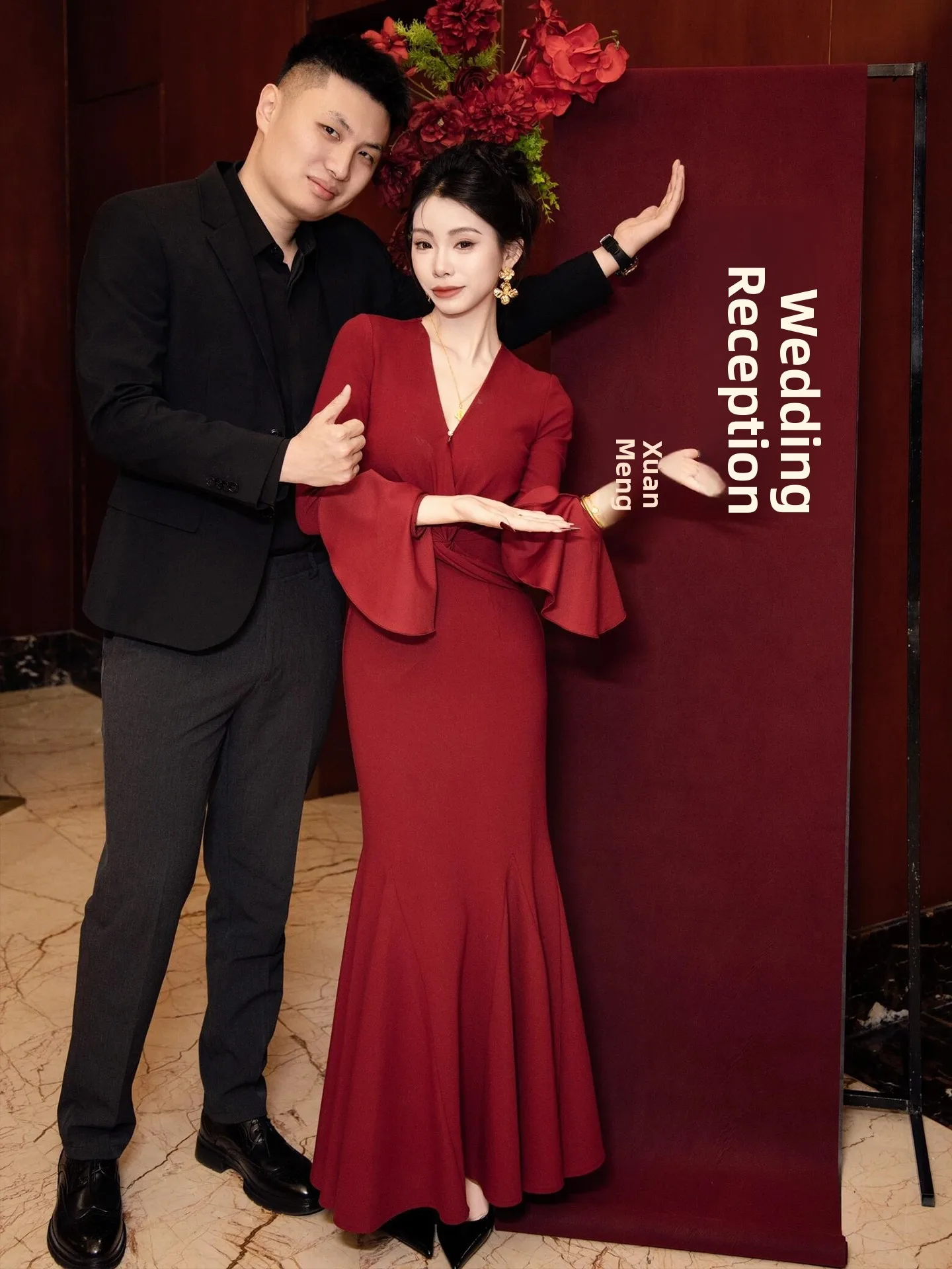 

Элегантное вечернее платье с длинными рукавами и V-образным вырезом для помолвки и торжественного ужина, цвета красного вина, с молнией, приталенное, для невесты