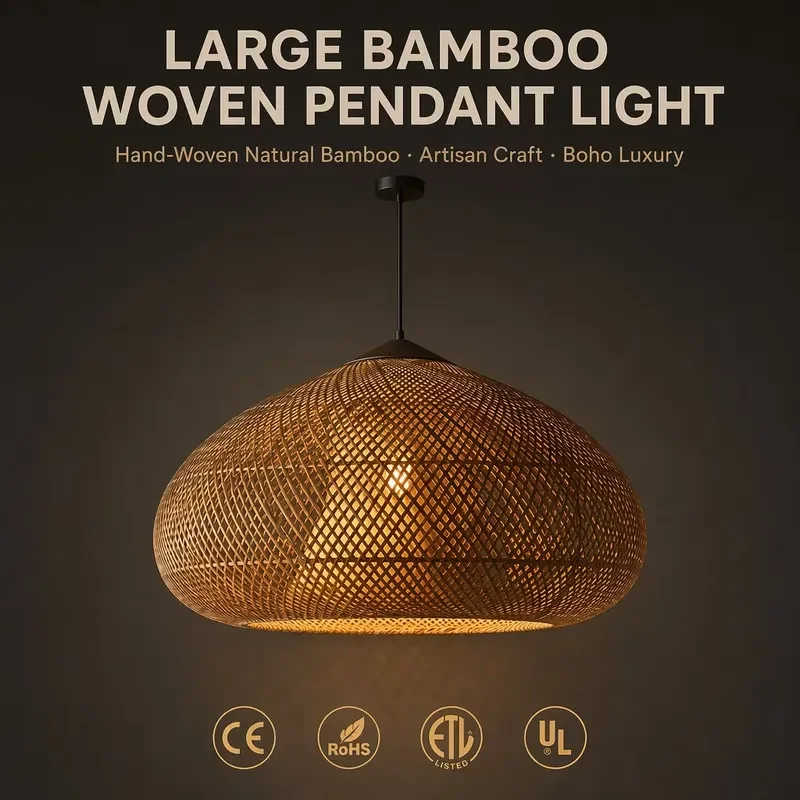 Handmade Bamboo Rattan Chandelier Modern Antique Style Ceiling Light for Restaurant Kitchen Tea House Farmhouse Decor with