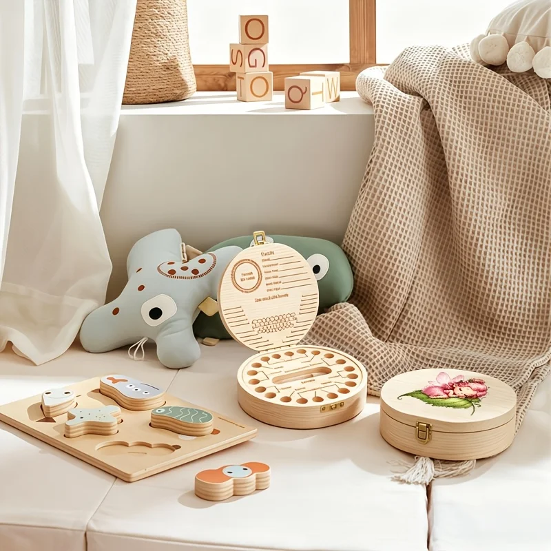 2D Pink Fairy Mushroom Round Wooden Baby Tooth Box Circular Children's Storage Gift with Hole Design for Tooth Saving