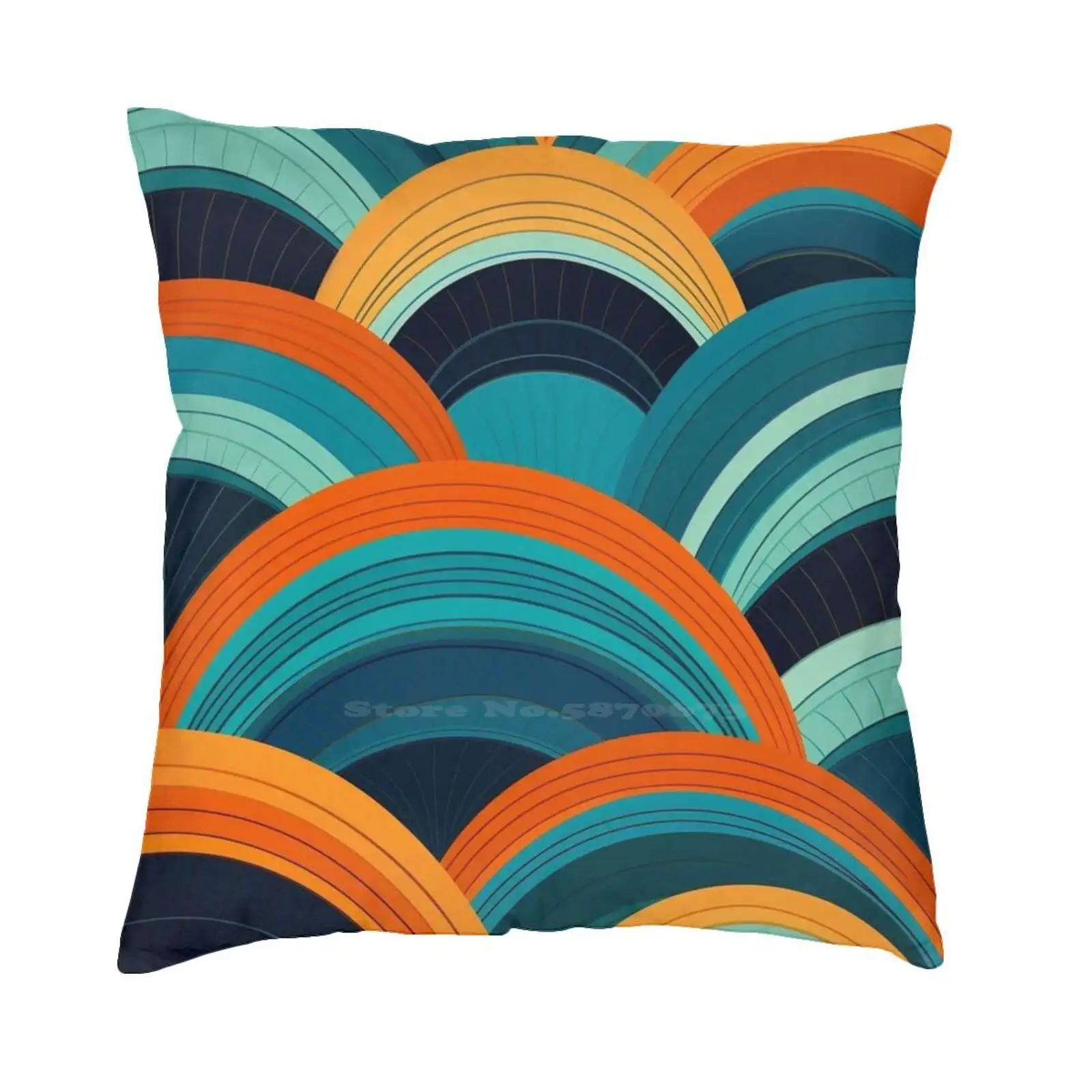 

Dreamscape середины века: бирюзовая и оранжевая футболка с изогнутыми линиями, хлопковая футболка, иллюстрация середины века, темно-бирюзовый свет