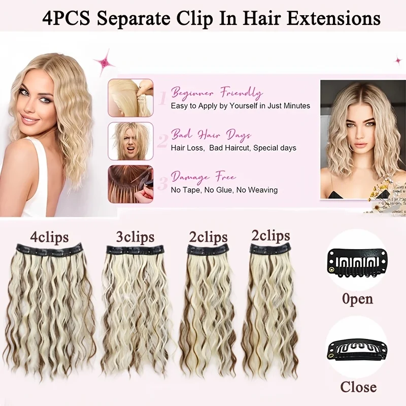 Set de 4 piezas de extensiones de cabello con clip, 11 clips, 12 pulgadas, sintéticas cortas suaves y naturales 4