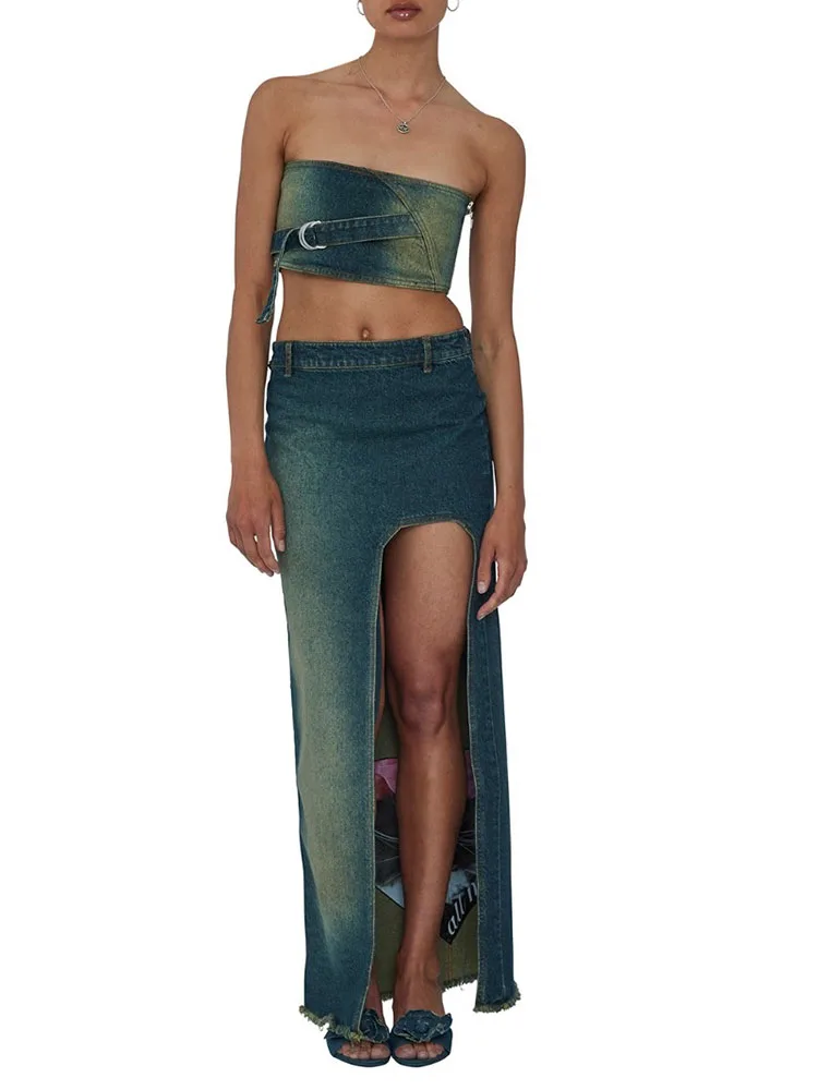 

spring and summer do old wash direct spray printing irregular denim midi dresses2024high waist thin package hip skirts for women