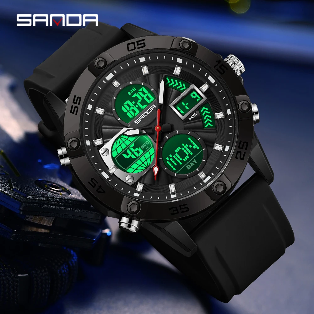 SANDA ساعة رياضية رجالية عصرية جديدة 6239 مع شاشات مزدوجة وحركات مزدوجة، هدية متعددة الوظائف مقاومة للماء 5ATM