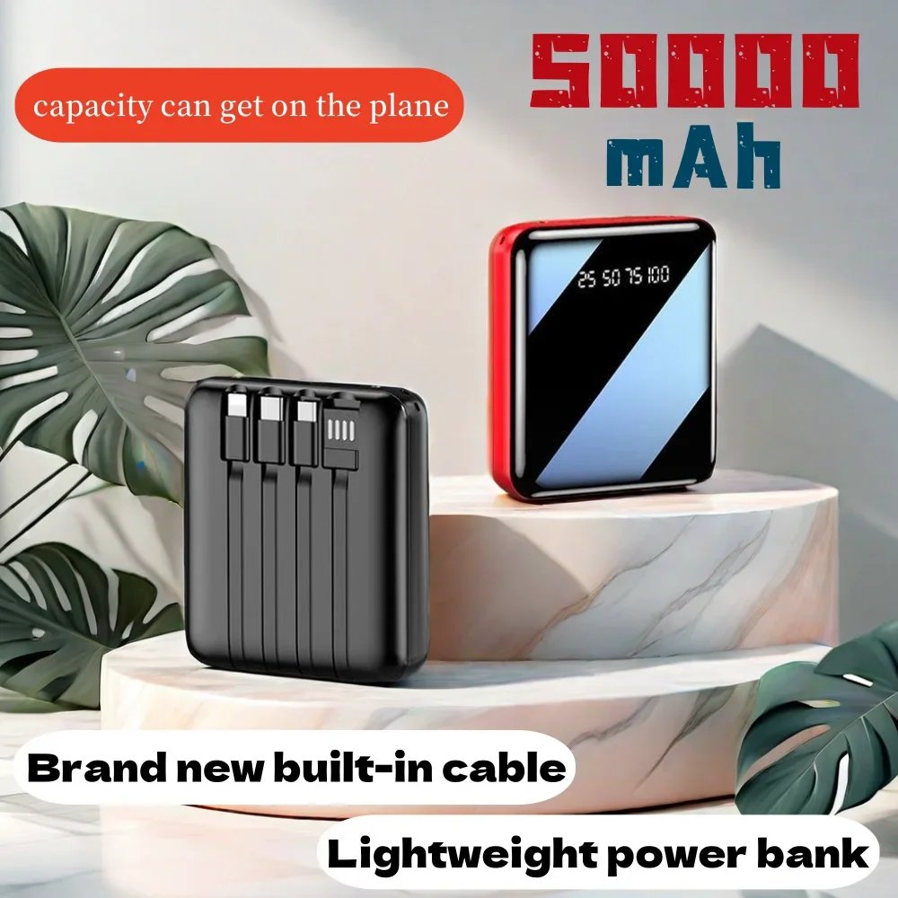 50000mAh Mini 4-wire power bank with large capacity and built-in cable, super fast charging,compact and portable