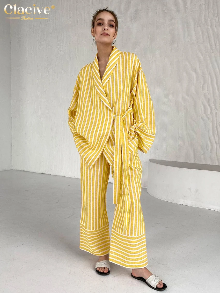 Clacive Casual Yellow Stripe Home Suits Elegant High Waist Wide Pants Set Fashion Long Sleeve Shirts Two Piece Set Women Outfit