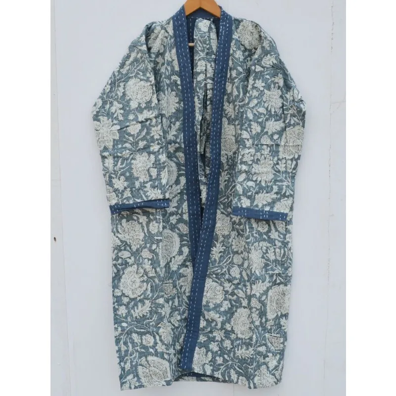 

Hand Block Printed Kantha Kimono Coat Women Sleepwear Soft Cotton Jacket