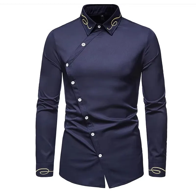 Inclined Side Button Down Shirt Long Sleeve Spring Embroidery Men's Slim Fit Oblique Formal Tops Irregular Work Business Shirt