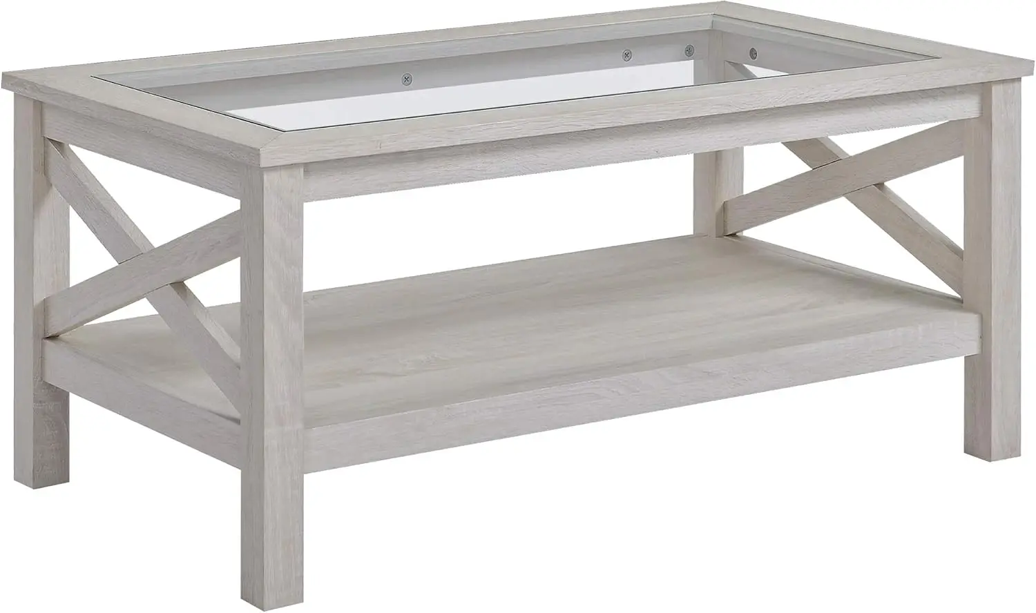 Farmhouse Style Coffee Table Tempered Glass Tabletop Wood Frame Underneath Storage Shelf Living Room Side Table White Oak