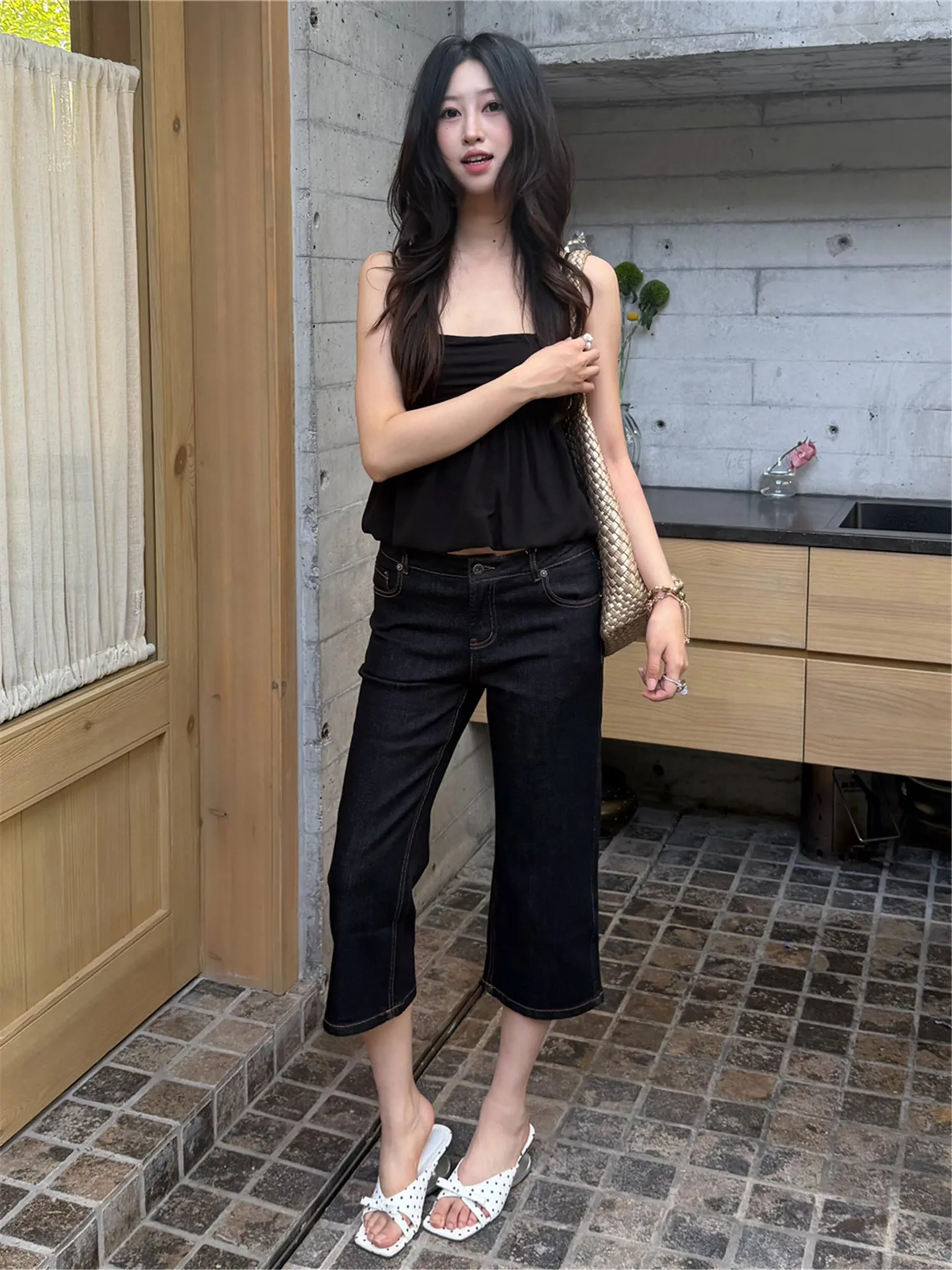 

Retro American Street Micro Flared Seven-Foot Jeans Women Summer Slimming Sexy Washed Design Sense Jeans Low Waist Cotton